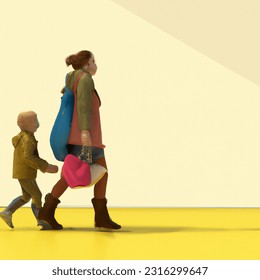 Low poly 3D image of homeless mother and child carrying bags