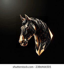 low poly black horse art from head to chest with gold foil geometric pattern