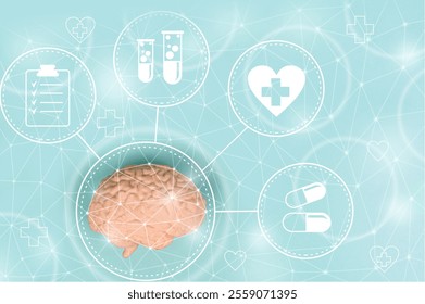 Low poly brain or Artificial intelligence concept. Symbol of Wisdom point. Abstract vector image of a human Brine. Low Polygonal wireframe blue illustration on blue background. Lines and dots, icon