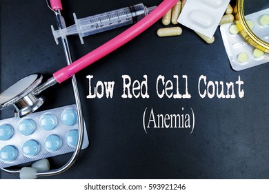  Low Red Cell Count (Anemia) Word, Medical Term Word With Medical Concepts In Blackboard And Medical Equipment Background.