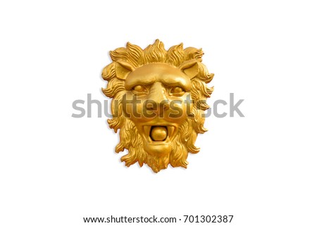 Low relief sculpture of golden head lion on white background.