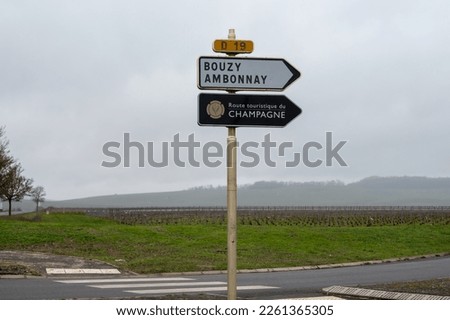 Low season in winter in Champagne wine making region near Epernay, Champagne, France. Road signes and places of destinations, Gran Cru village Bouzy and Ambonnay, tourists route of Champagne