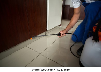 Low Section Of Man Spraying Pesticide At Home