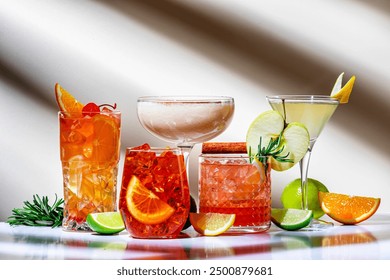 Low and strong alcohol cocktal drinks with gin, vodka, rum, vermouth, soda and juice. Beige background, hard light