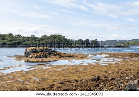 Low Tide looking north at the Argyll coastline and eilean mor island in Loch Sunart, Highlands, Scotland