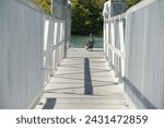 Low view leading lines out of concrete floating boat dock with posts. Pelican in middle and white egret on right.  Calm water , blue sky and green mangrove trees in the background. On a sunny day.