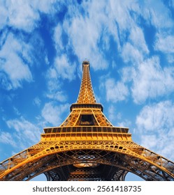 Low viewpoint of the Eiffel Tower and cloudy sky, Paris, France