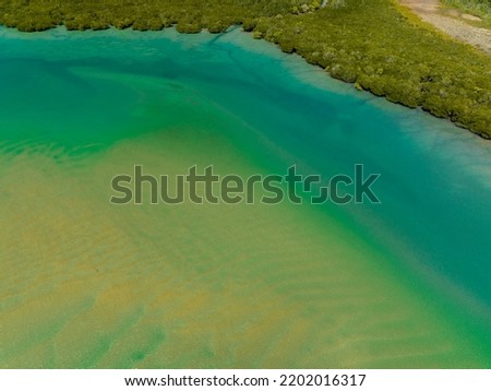 Low water of the incoming tide showing the beautiful green tones and the golden sands. Tropical Queensland Australia.