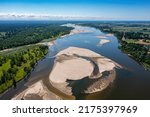 Low water level in Vistula river, effect of drought seen from the bird