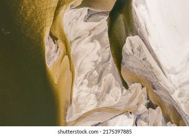 Low Water Level In Vistula River, Effect Of Drought Seen From The Bird's Eye View. Top Down Perspective Landscape.