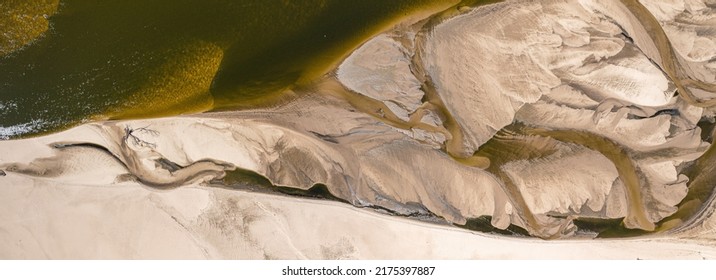 Low Water Level In Vistula River, Effect Of Drought Seen From The Bird's Eye View. Top Down Perspective Landscape.