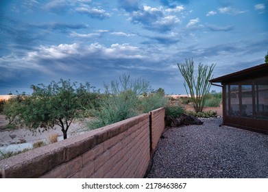 Low Water Use Landscaping Arizona Home In Tucson. Beautiful Clouds In The Morning. 