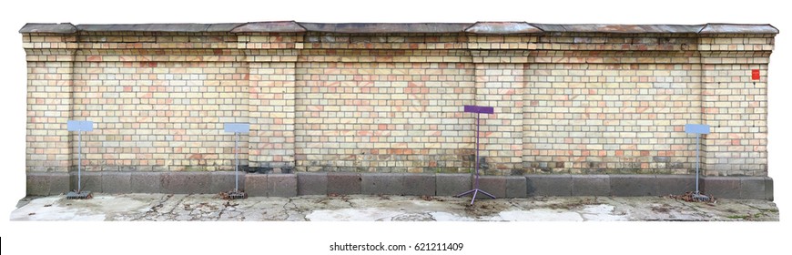 Low Yellow Brick Wall On A Car  City Parking. Center Old European Capitals. Isolated In White Panoramic Collage From Several Photos.