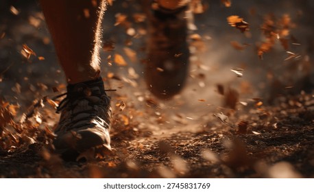 A low-angle, close-up shot captures a person's foot in a running shoe, mid-stride, kicking up a vibrant shower of dry autumn leaves and fine dust on a sunlit forest trail, conveying energy and moveme.