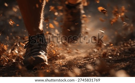 A low-angle, close-up shot captures a person's foot in a running shoe, mid-stride, kicking up a vibrant shower of dry autumn leaves and fine dust on a sunlit forest trail, conveying energy and moveme.