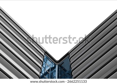 Low-angle perspective of two metallic, ribbed building facades meeting at a sharp V-shape, revealing a glass-fronted structure between them. emphasizes the architectural lines and metallic sheen