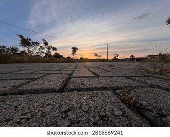 Low-angle photograph of an interlocking brick pavement leading toward a warm sunset over an open suburban landscape. The textured paving stones create strong leading lines and perspective, drawing the viewer’s eye toward the glowing horizon, scattered trees, and dramatic evening sky. Soft golden light enhances the peaceful atmosphere, while the combination of urban infrastructure and natural scenery makes this image suitable for themes of transportation, urban planning, outdoor lifestyle, travel, architecture, and nature. Ideal as a background with copy space for advertisements, presentations, websites, or editorial content.