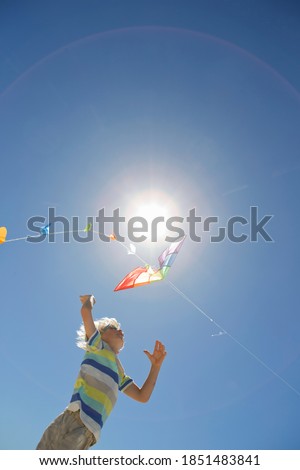 Imagen en ángulo bajo de un niño saltando y llegando a una cometa bajo el sol en el cielo azul.
