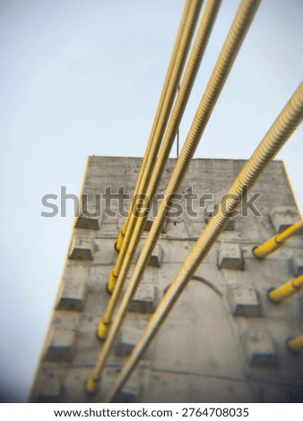Low-angle shot of a cable-stayed bridge featuring golden-yellow structural cables anchored to a concrete tower. The image highlights geometric patterns, architectural strength, and modern engineering 