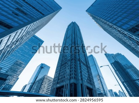 A low-angle shot captures the imposing architecture of modern skyscrapers against a bright, clear blue sky, emphasizing their height and scale.