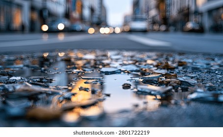 A low-angle shot captures a puddle on a city street, reflecting blurred lights and buildings, creating an abstract urban scene.