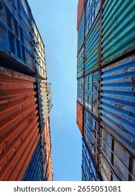 A low-angle shot capturing the towering stacks of vibrant shipping containers forming a narrow alley under a bright blue sky. This industrial scene highlights geometry, symmetry, and the vivid contras