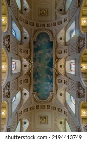 A Low-angle Shot Of The Church Ceiling Holy Door Notre Dame In Quebec, Canada