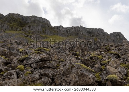 A low-angle shot of the cliffs against the cloudy sky. Iceland.
