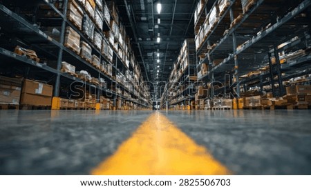 A low-angle shot down a long warehouse aisle, with yellow line on the floor guiding the way. Tall shelves packed with boxes stretch into the distance.
