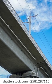 A low-angle view of a bridge's underside against a bright blue sky with fluffy clouds. Underneath the Bridge's Concrete Structure on a Sunny Day