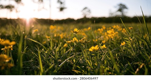A low-angle view captures the warm glow of the setting sun over a meadow filled with vibrant yellow wildflowers and dense green grass.