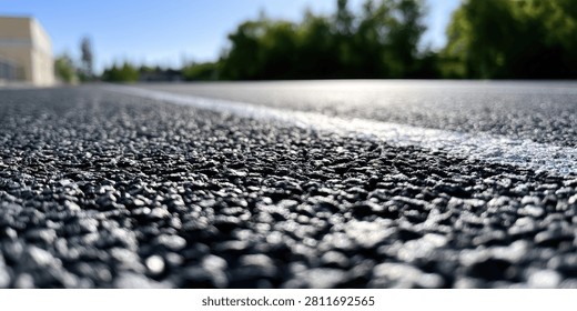 A low-angle view of a dark, granular running track surface with a white lane marker. The background is blurred, showing trees and a building under a clear blue sky.