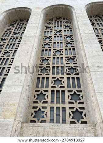 Low-angle view of decorative arched windows with Star of David stone latticework at the Dohany Street Synagogue in Budapest. Intricate Moorish Revival geometric patterns against a limestone facade.