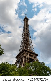 Low-angle view of the Eiffel Tower framed by green trees, set against a sky with blue patches and white and grey clouds.