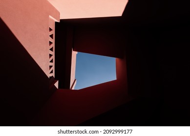 A low-angle view inside a buiding designed by Michael Graves at El-Gouna, Red Sea, Egypt. The shot was taken back to December 18, 2021.