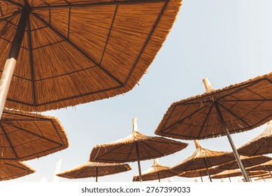 A low-angle view looking out from underneath a textured straw beach umbrella at a seaside resort. The warm golden hour light creates a relaxing summer vacation atmosphere against a pale evening sky
