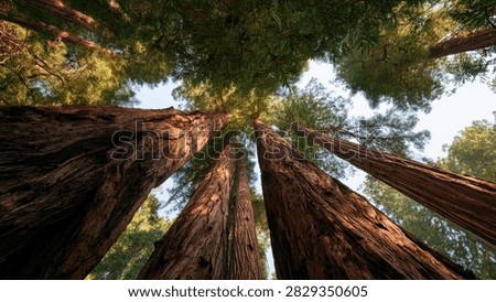 A low-angle view looking up at the towering trunks of ancient redwood trees in a sun-dappled forest, showcasing their immense scale and natural beauty.
