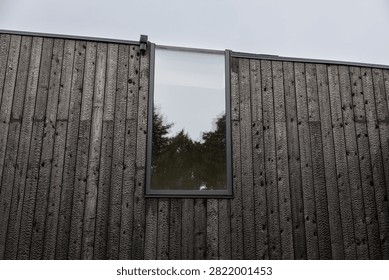 Low-angle view of a modern facade clad in black Shou Sugi Ban timber, featuring vertical charred boards, a tall reflective window, trees, and ample sky copy space