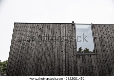 Low-angle view of a modern facade clad in black Shou Sugi Ban timber, featuring vertical charred boards, a tall reflective window, trees, and ample sky copy space