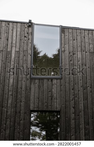 Low-angle view of a modern facade clad in black Shou Sugi Ban timber, featuring vertical charred boards, a tall reflective window, trees, and ample sky copy space