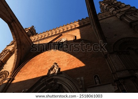 Low-angle view of Palermo Cathedral's Gothic architecture, stone details and dramatic shadows cast by the afternoon sun, historic Sicilian landmark