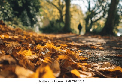 A low-angle view of a park path blanketed with vibrant fallen autumn leaves, with a solitary figure walking away into the distance.