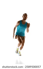 Low-angle view of runner in motion, highlighting explosive power and determination against white studio background. Concept of professional sport, speed, agility, and competitive drive.
