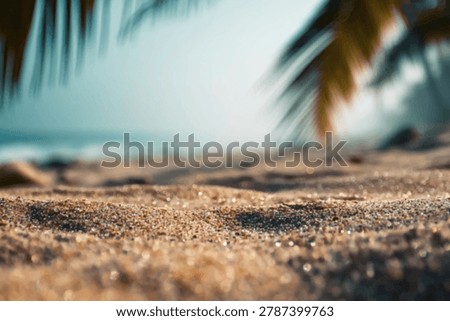 A low-angle view of a sandy beach, with palm leaves framing the top and the ocean visible in the distance.
