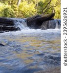 Low-angle view of a small waterfall tumbling over large flat rocks in Big or Vickery Creek in Roswell, Georgia. Sunlit deciduous trees are in the background.