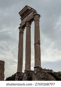 Low-angle view of surviving fluted columns and entablature of the Temple of Vesta ruins at the Roman Forum, Rome, under an overcast sky.
