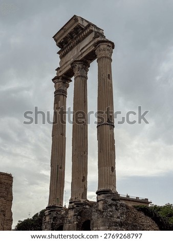 Low-angle view of surviving fluted columns and entablature of the Temple of Vesta ruins at the Roman Forum, Rome, under an overcast sky.
