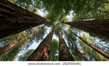 A low-angle view of towering redwood trees reaching towards the sky, showcasing their immense height and the dense green canopy above.