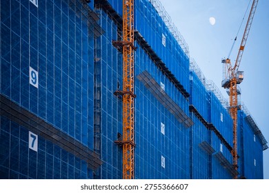 Low-angle view of towering skyscraper under construction with blue scaffolding, numbered floors, orange cranes reaching skyward, moon in sky.