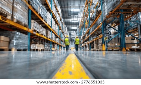 A low-angle view of two workers in safety vests walking down a central aisle in a vast industrial warehouse, surrounded by towering shelves stocked with various goods and packages, highlighting logis.